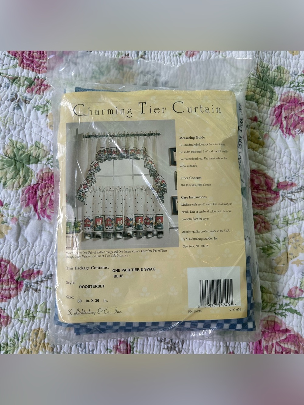 Vintage Farmhouse Cottagecore White + Blue Rooster Swag Tiered Curtain Set